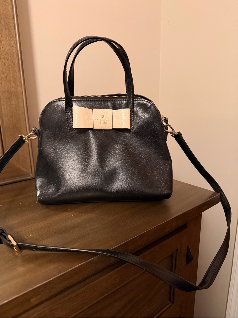 kate spade Black Leather Satchel with Blush Bow Accent